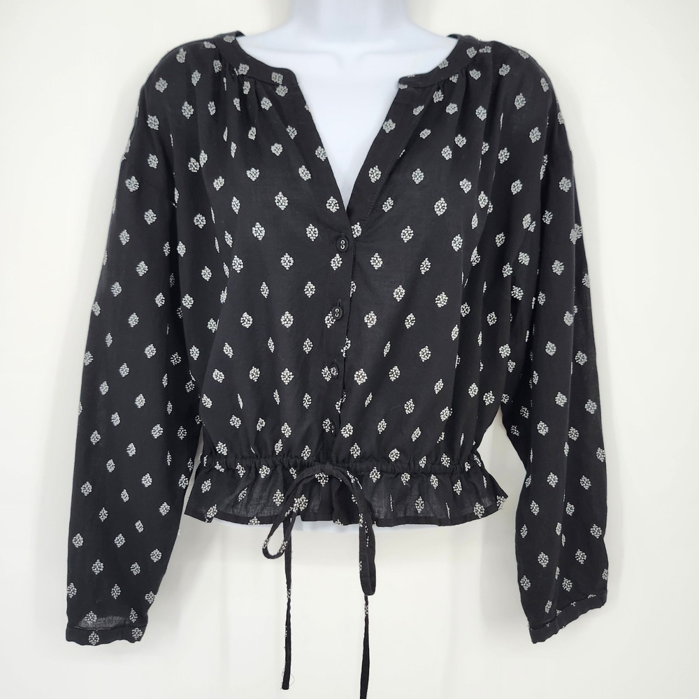 Black White Boho Chic Peplum Drawstring Top Size S Embroidered Career Office